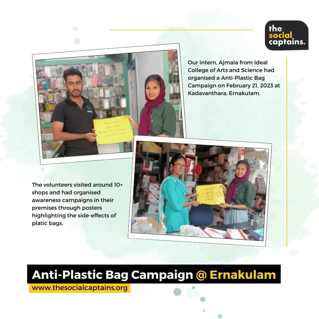 2 volunteers raised awareness on plastic among 10 shopkeepers in Ernakulam
