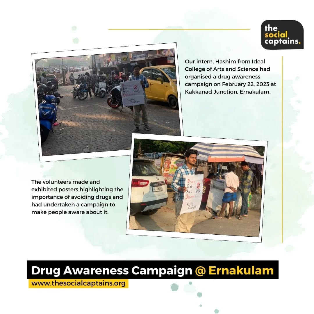 2 volunteers raised awareness on drugs among 25 pedestrians in Ernakulam