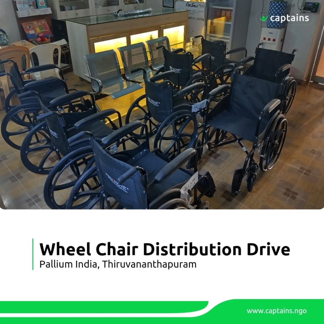 3 volunteers distributed wheel-chairs to 9 palliative patients in Trivandrum.