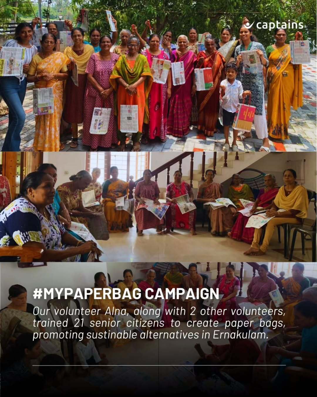 3 volunteers trained 21 senior citizens to create newspaper paper bags, promoting sustainable alternatives in collaboration led by Alna Maria at Varapuzha Grama Panchayat, Ernakulam.