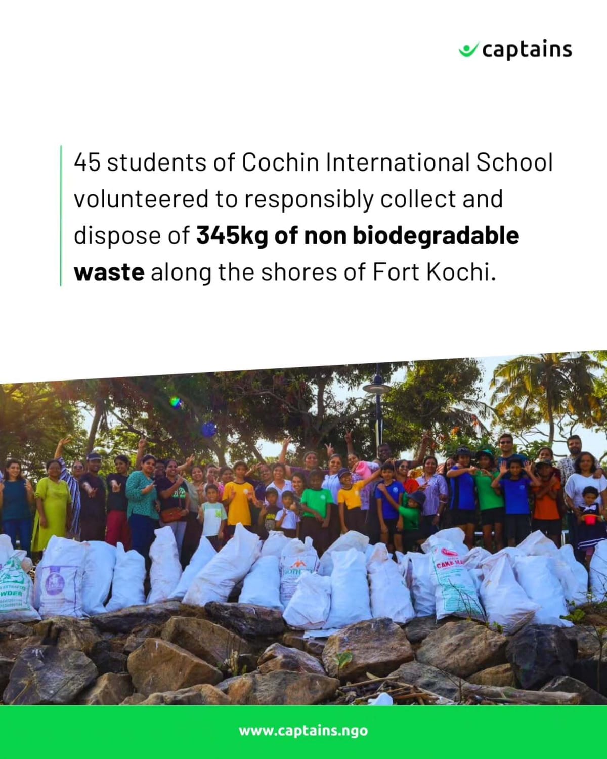 45 students of Cochin International School responsibly collected and disposed 345 kg of non-biodegradable waste in collaboration with Good Deeds Day at Fort Kochi beach, Ernakulam.