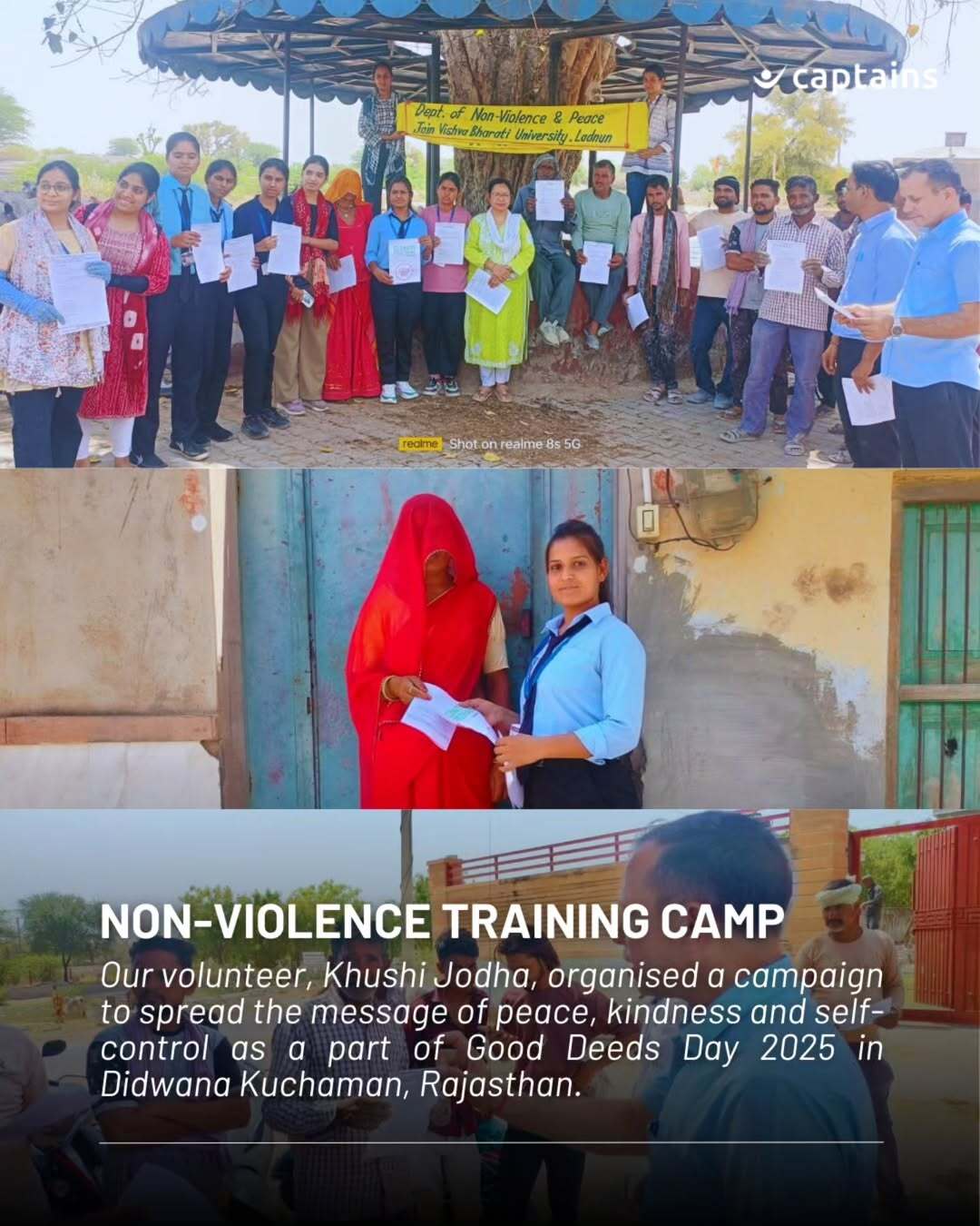 11 volunteers created awareness on youth non-violence and distributed pamphlets to inspire peace and social harmony in Bhivani Village, Rajasthan, led by Khushi Jodha.