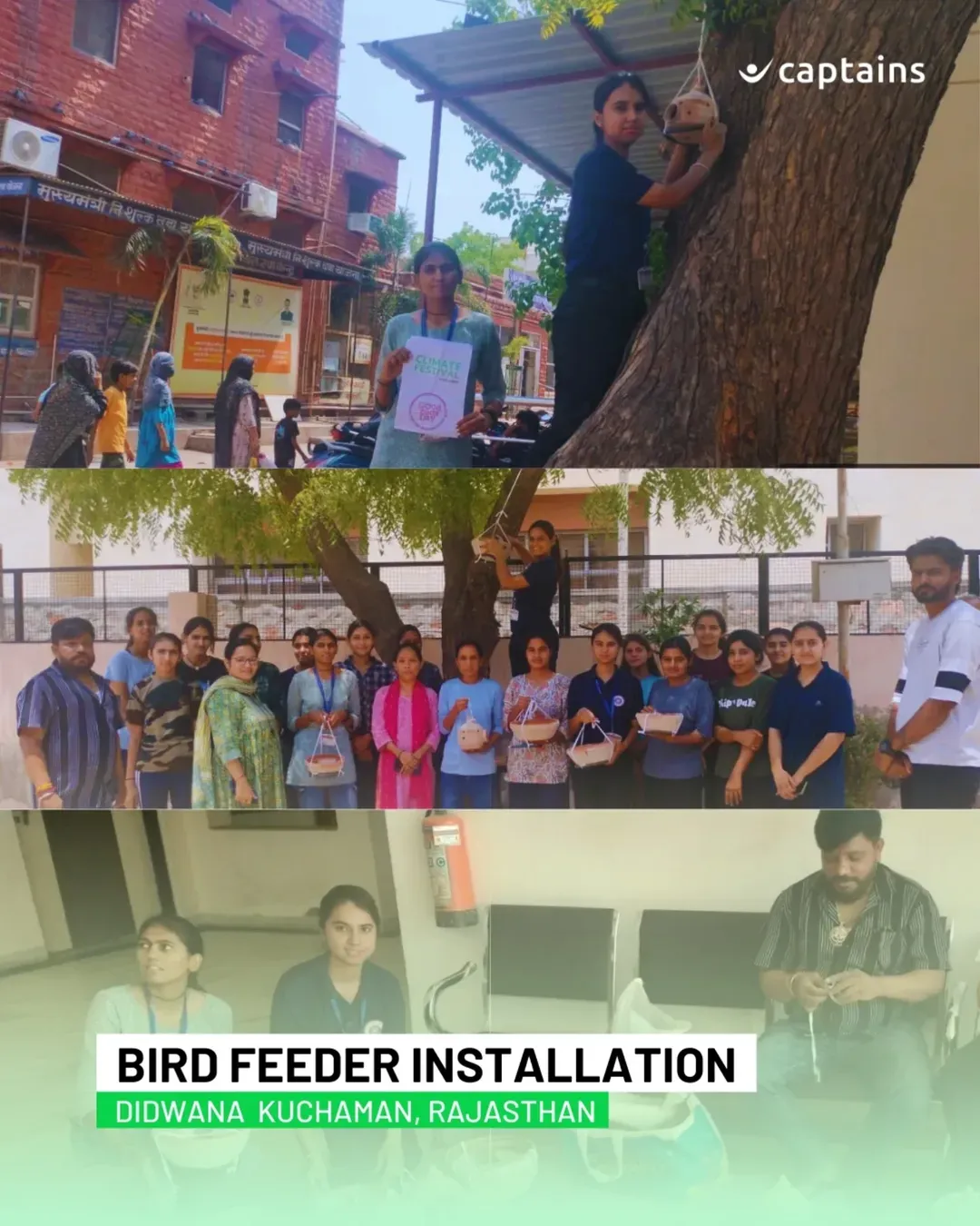 18 volunteers installed bird feeders and nests at Ladnun, Rajasthan, led by Khushi Jodha to support summer water, shade and shelter for birds.