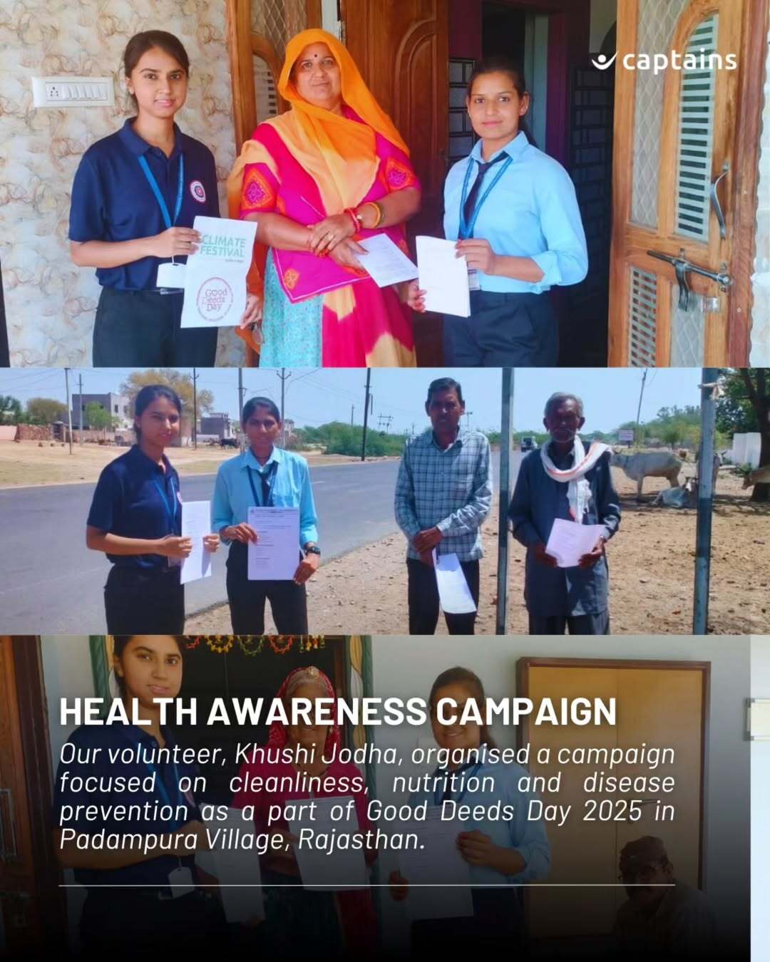 7 volunteers created awareness on health through door-to-door visits and pamphlet distribution to support cleanliness, nutrition and disease prevention for villagers in Padampura Village, Rajasthan, led by Khushi Jodha.