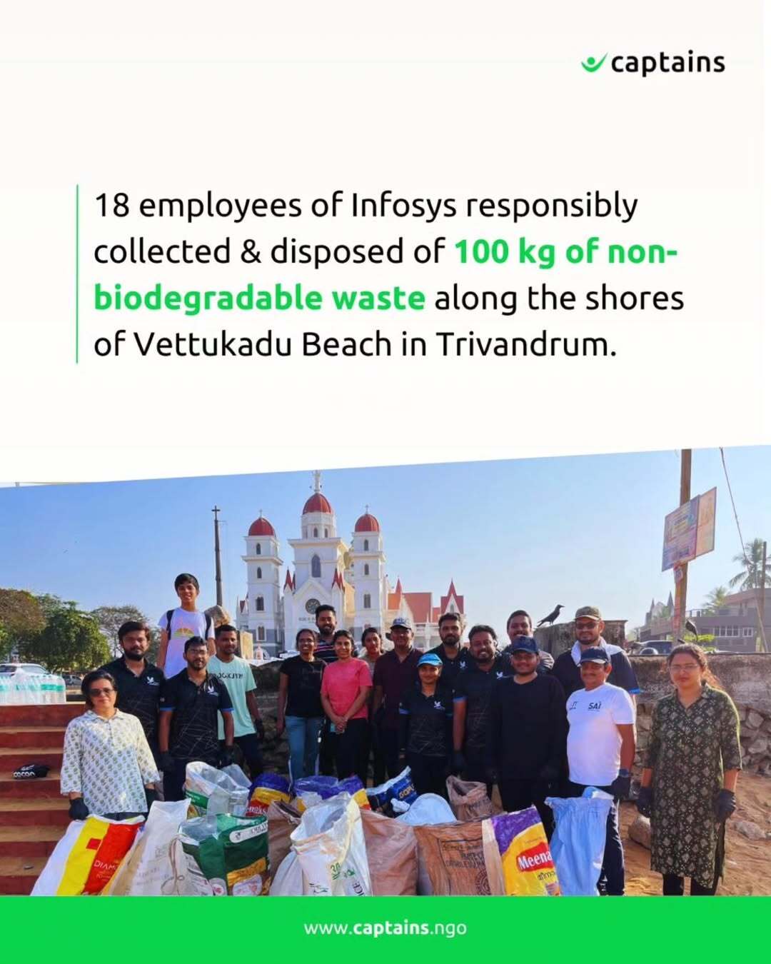 18 volunteers responsibly collected and disposed 100 kg of non-biodegradable waste in collaboration with Infosys and Goodera at Vettukadu Beach, Trivandrum.
