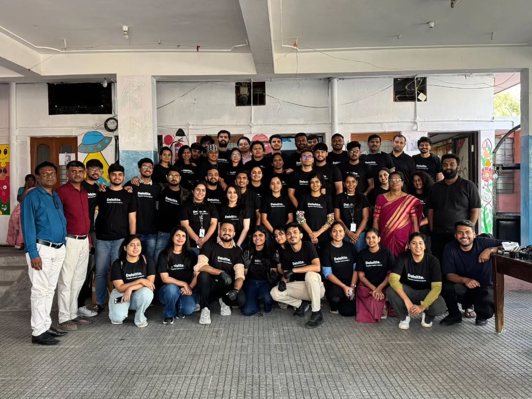 50 volunteers painted murals across 5 classrooms to enhance learning environments for students at Mount Everest English School, Bengaluru in collaboration with Deloitte.