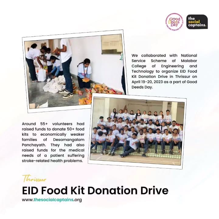 55 volunteers distributed food kits to 50 underpreveliged families in Thrissur.