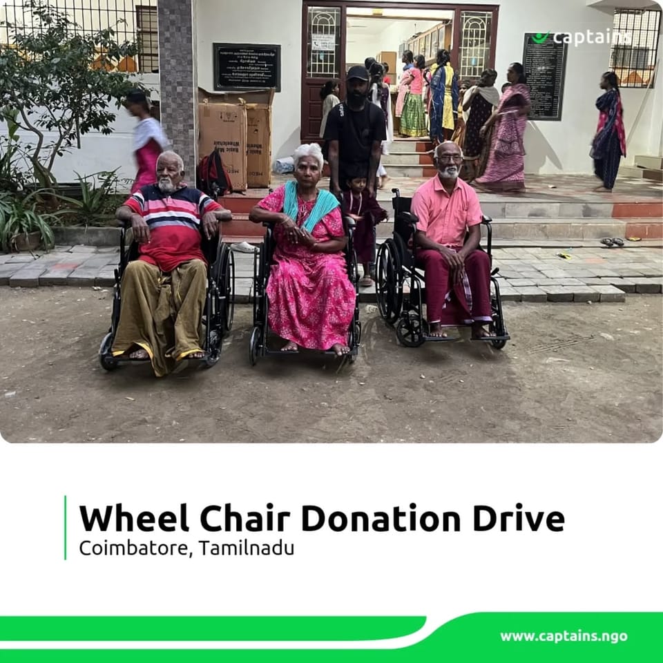 3 volunteers distributed wheel-chairs to 10 palliative patients in Coimbatore.