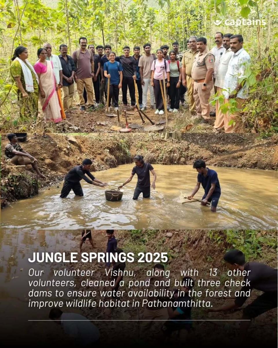 14 volunteers restored a wildlife pond and built 3 check dams at Konni Forest, Pathanamthitta in collaboration led by Vishnu through Kerala Climate Festival 2025.