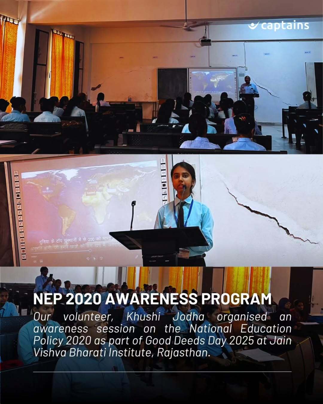 2 volunteers created awareness on NEP 2020 through lectures and film screening for 72 participants led by Khushi Jodha at Jain Vishva Bharati Institute, Rajasthan.