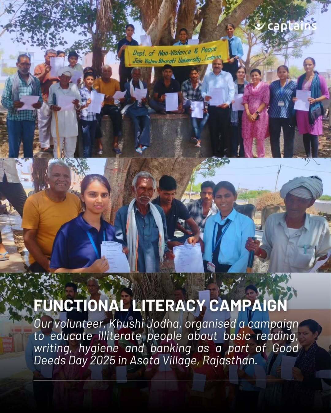 7 volunteers created awareness on functional literacy by distributing door-to-door pamphlets to support adult basic reading, writing, math and daily-life skills in Asota Village, Rajasthan, led by Khushi Jodha.