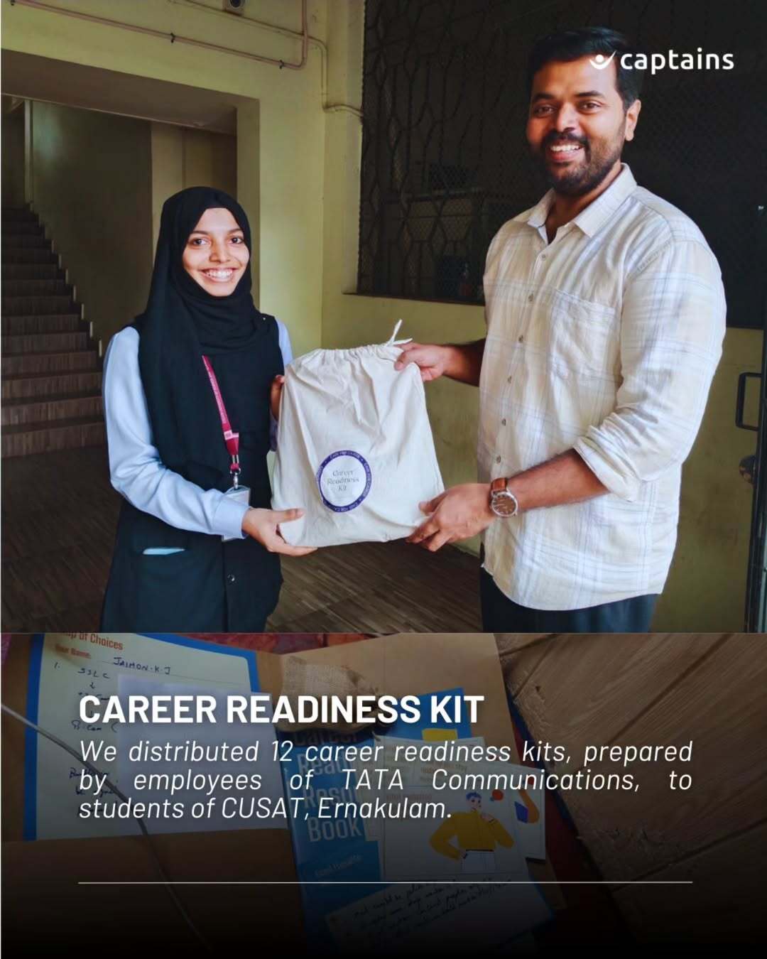 2 volunteers distributed career readiness kits prepared by TATA Communications employees to support career planning for 12 students in Ernakulam in collaboration with Goodera.
