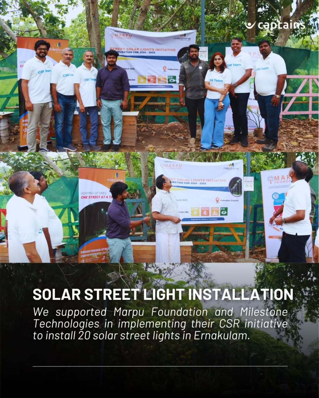 12 volunteers installed 20 solar street lights to support community safety and sustainability in collaboration with Milestone Technologies at Ernakulam.
