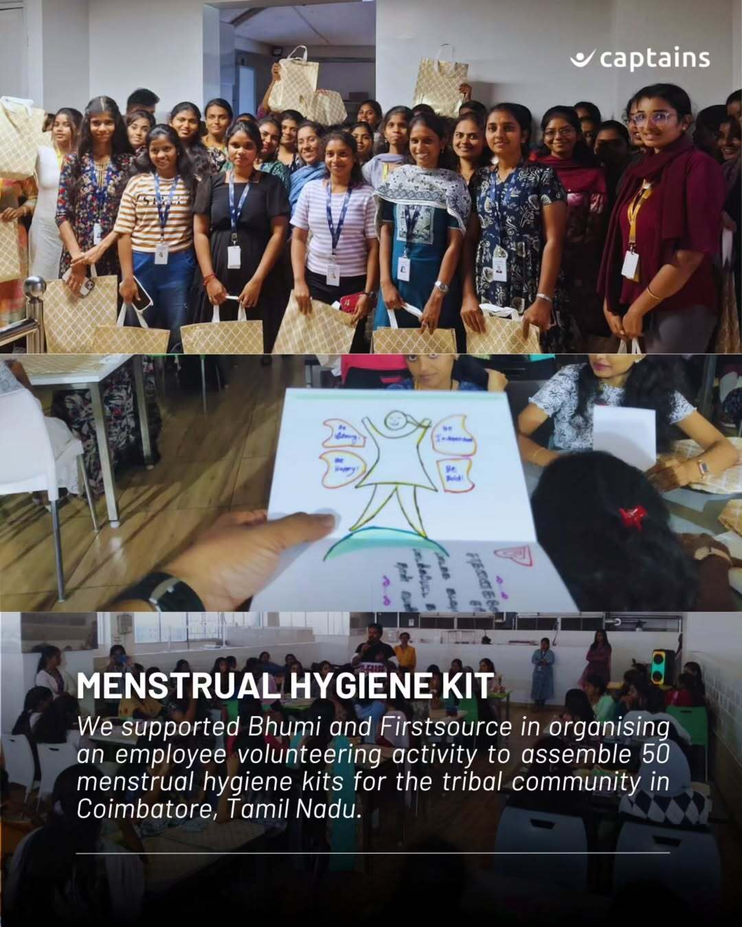 50 volunteers assembled 50 menstrual hygiene kits in collaboration with Bhumi NGO and Firstsource to support menstrual health and dignity for tribal women in Coimbatore.